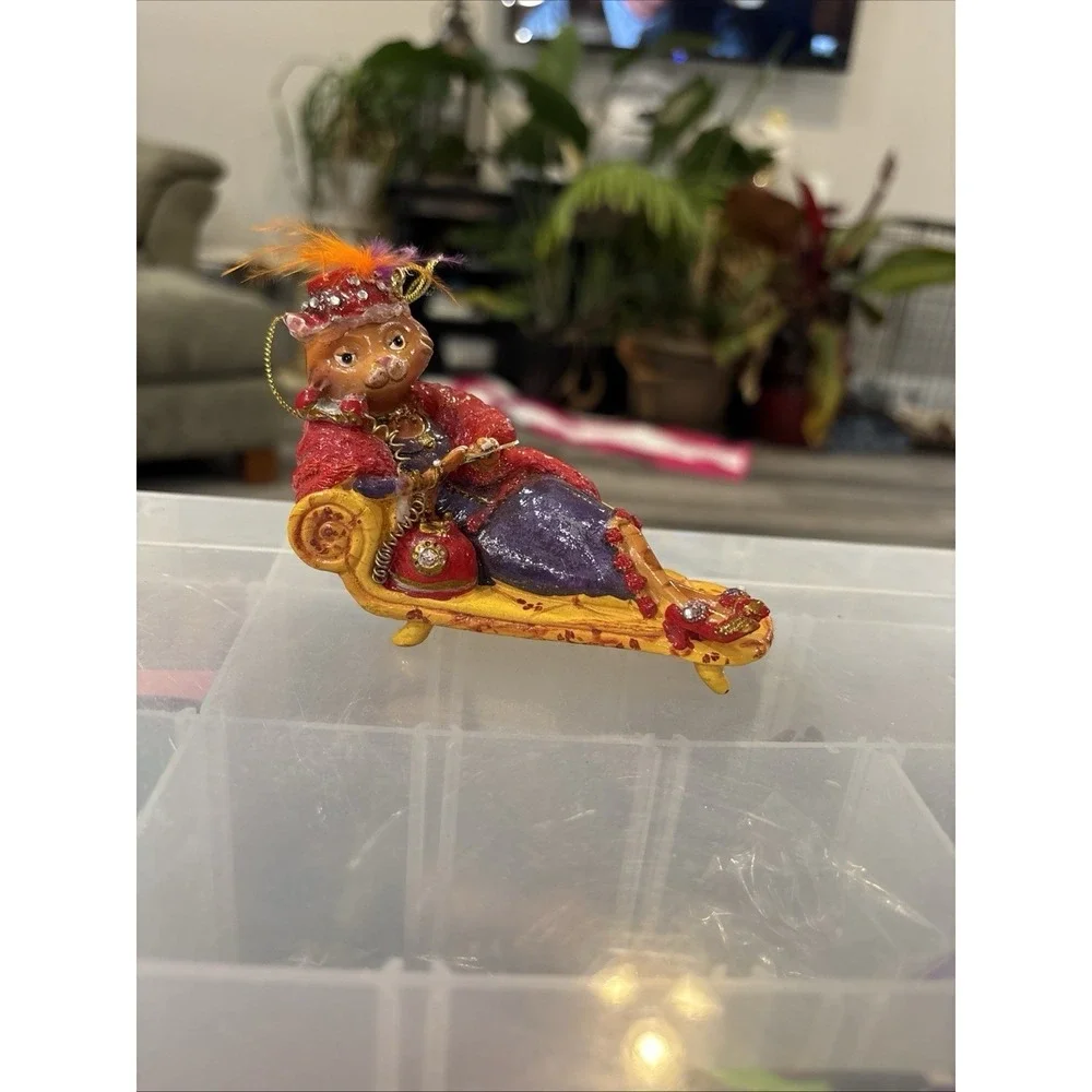 Trinket Orange Lounging Cat on Sofa talking on Telephone Christmas Ornament